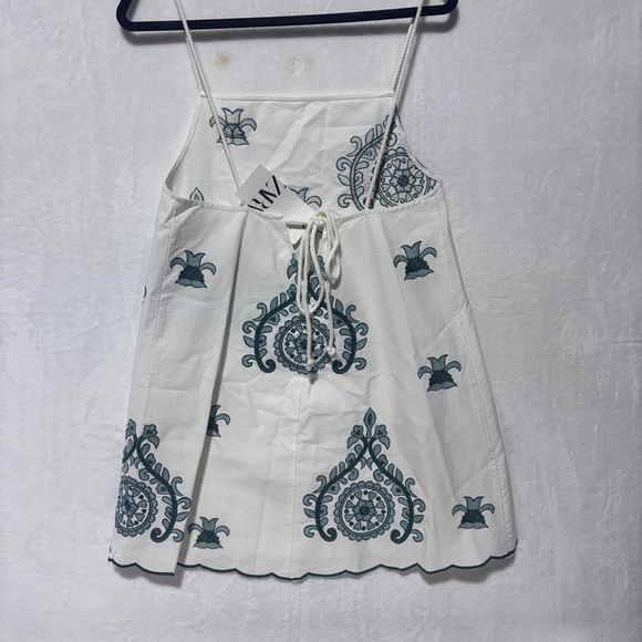 Zara NWT Green White Embroidered Mini Dress Rope Back Cut Out Sz M - Picture 5 of 8